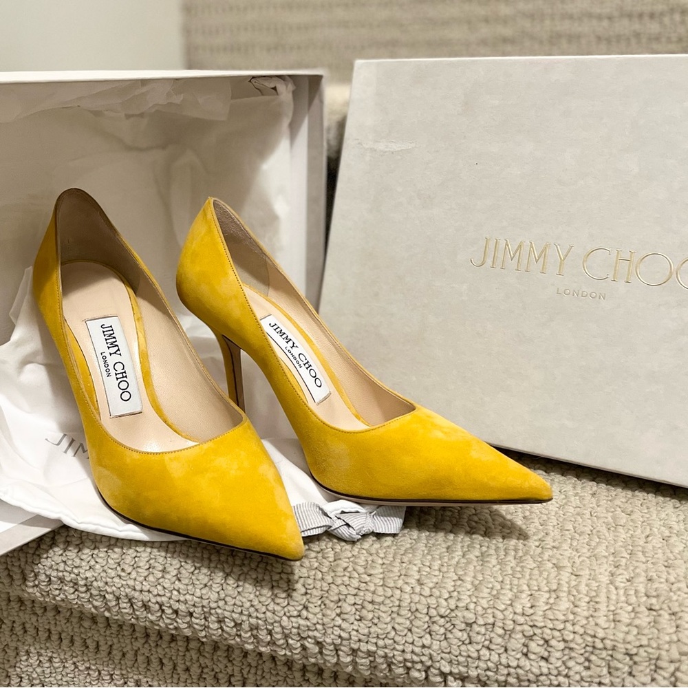 Jimmy Choo Love 100 Saffron Yellow Suede pointed toe High heels